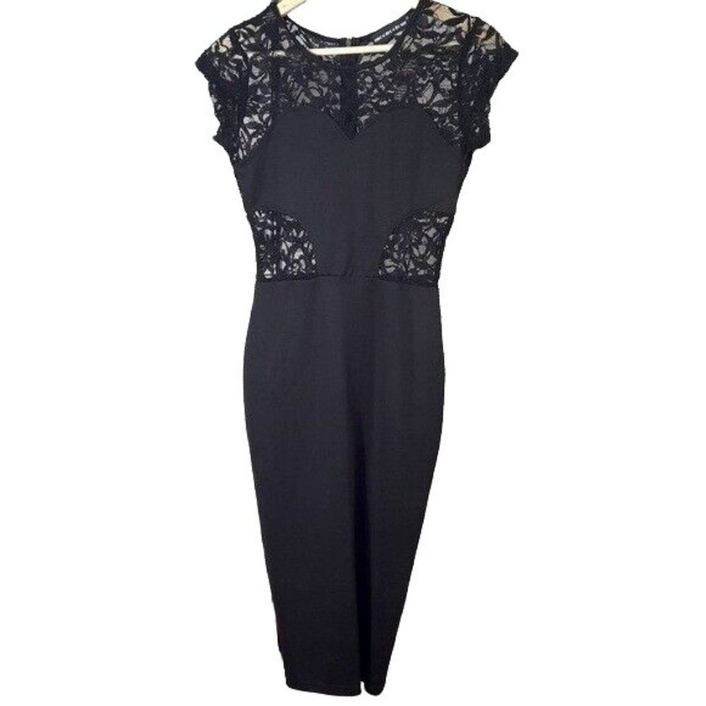 Mooncolour Bodycon Dress Black Small Floral Lace Sheath Zip Cap Sleeve